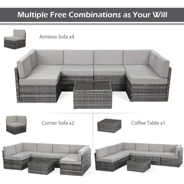 7-piece patio furniture set modular wicker outdoor sectional sofa PE rattan outdoor set with pillowtop cushions and coffee table - Image 2