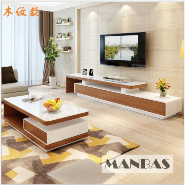 MANBAS Modern  Shiny White / Black TV Stand & Smart Coffee Table, TV Cabinet & Center Table for Living Room Home Furniture - Image 4