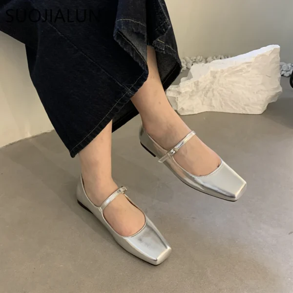 SUOJIALUN 2023 Summer New Brand Women Flats Fashion Square Toe Shallow Mary Jane Shoes Soft Casual Ballet Shoes Slingback Shoes - Image 3