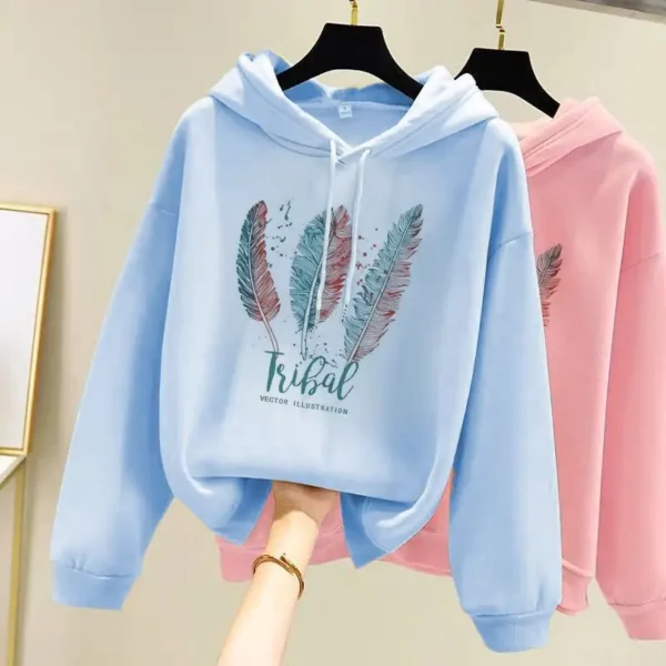 Women Fashion Feather Printed Hoodies Autumn Winter Plus Velvet Casual Loose Sweatshirt - Image 3