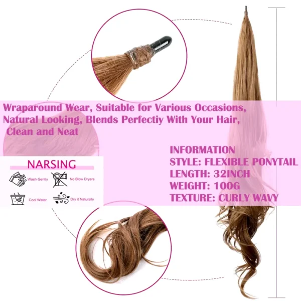 32 Inch Synthetic Natural Wavy Hairpiece Pony Tail Wave Flexible Wrap Around PonyTail Long Fake Tail Hair Extensions for Women - Image 3