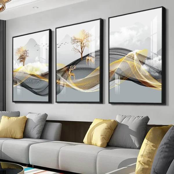 3 Pieces Nordic Luxury Ribbon Abstract Landscape Wall Art Canvas Paintings Modern Gold Deer Poster Print Picture for Home Decor - Image 2