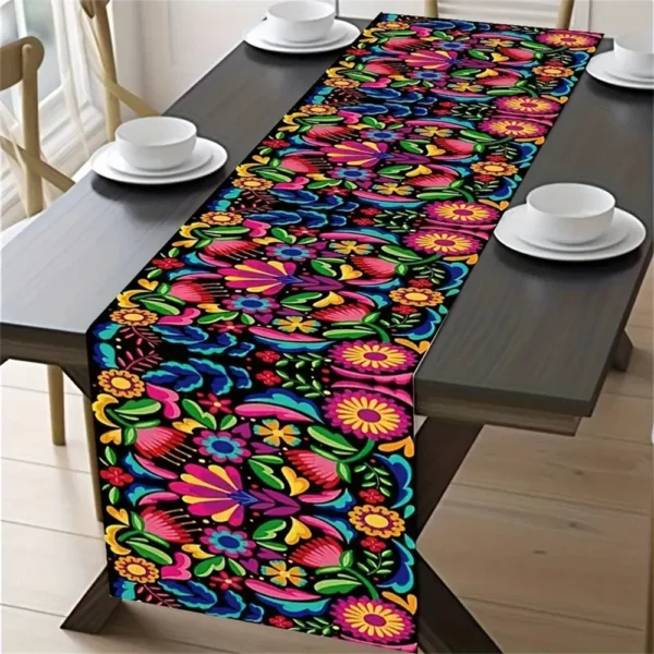 1pc, Table Runner, Festive Mexican Style Table Runner, Polyester Vibrant Day Of The Dead Design, Colorful Home & Party Decor - Image 3