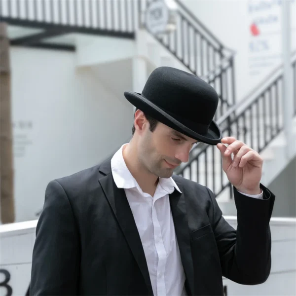 100% Wool Felt Black Derby Bowler Hat for Men Women Satin Lined Fashion Party Formal Fedora Costume Magician Cap - Image 6