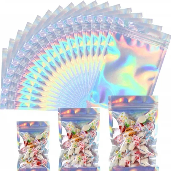 50pcsThick Smell Proof Mylar Bags Holographic Laser Color Plastic Packaging Pouch Jewelry Retail Storage Pouch Gift Zip Lock Bag - Image 2