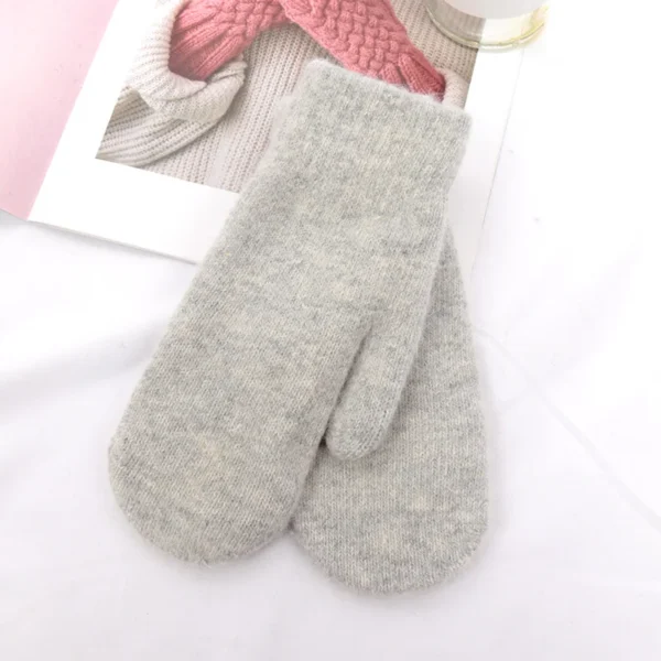 Women Winter Keep Warm Plus Cashmere Solid Color Woolen Elasticity Soft Full Fingers Mittens Girls Black Fur Knitted Cute Gloves - Image 4