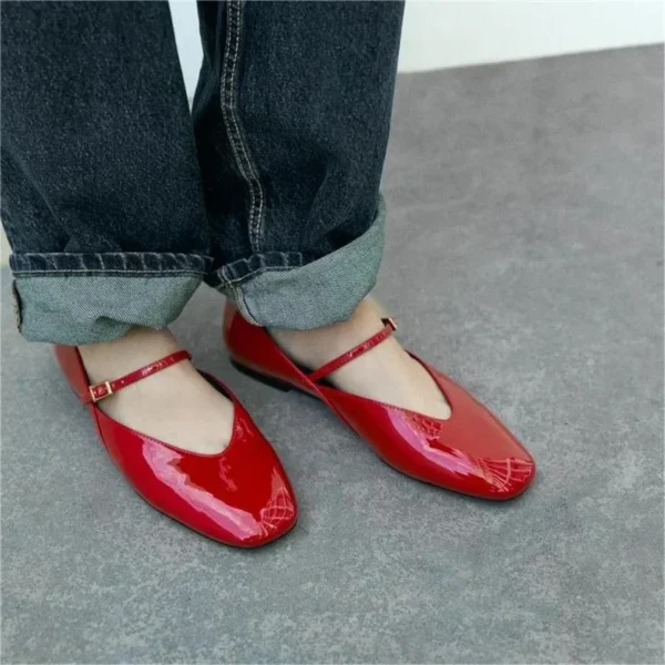 Woman Red Mary Jane Shoes 2024 Summer Chic Faux Patent Leather Flats Womens Fashion Round Toe Buckle Strap Single Shoes - Image 6