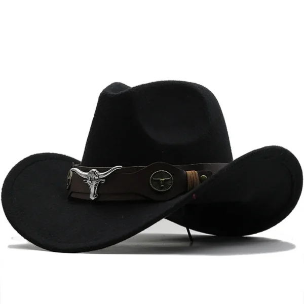 Western Cowboy Hat 3 Sizes Black Woolen Jazz Top Hat Men Ethnic Style Cow Head Ribbon Felt Cap Women Children Riding Fedora Hat - Image 3