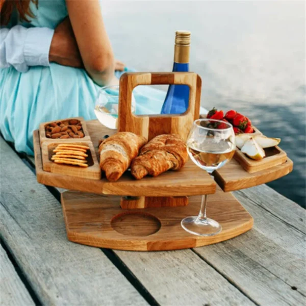 Wooden Folding Picnic Table With Glass Holder Round Foldable Desk Wine Glass Rack Collapsible Table Snack Tray Outdoor Tables - Image 4