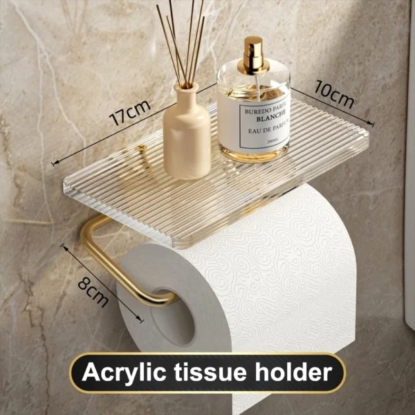 Luxury Gold Toilet Paper Holder with Shelf No Punching Acrylic Roll Paper Holder Tissue Hanger Bathroom Accessories - Image 5