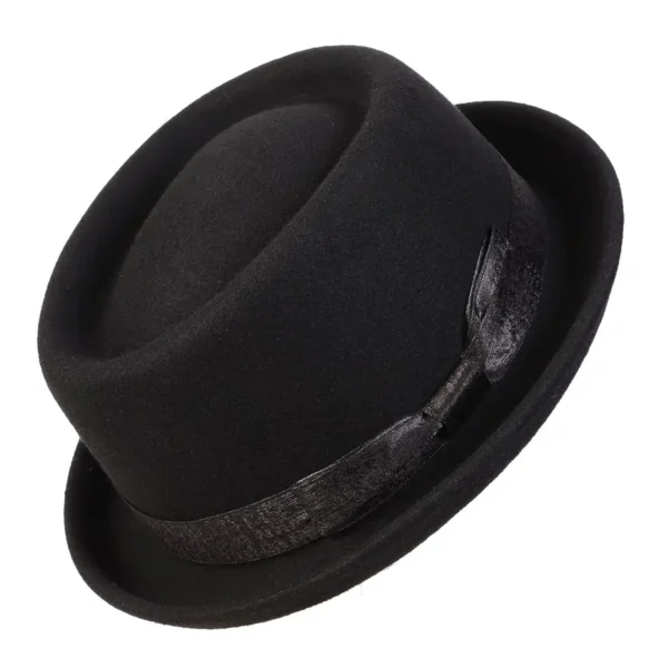 2024 Black Pork Pie Hat Wool Felt Bow Mens Fedora Jazz Cap Church Panama Gangsters Caps Gentlemen Fashion Porkpie Hats