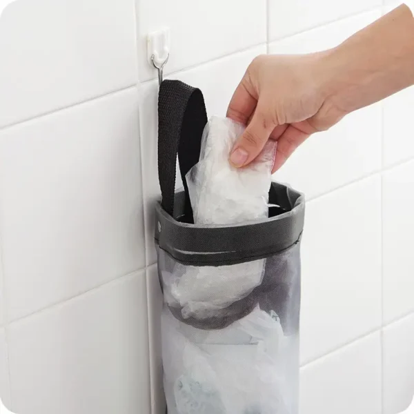 1pc Grey Sundries Bag Storage Wall Mount Mesh Plastic Bags Dispenser Hanging Reused Storage Pouch Trash Bags Kitchen Garbage Org - Image 2