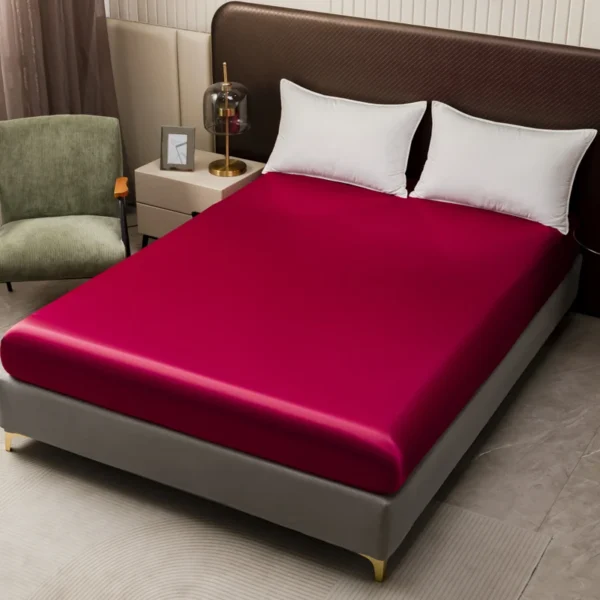 1PC Satin Silk Bed Sheets with Elastic Band Wine Red Smooth Fitted Sheet Ice Cooling Bottom Sheets for Double Beds King Bedsheet - Image 2