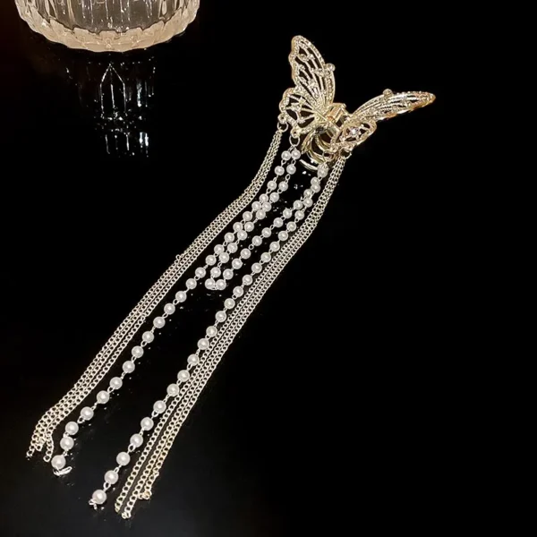 Butterfly Hair Clip With Long Tassel Hair Accessories For Women Elegant Imitation Pearl Rhinestone Shark Hairpins Jewelry - Image 4