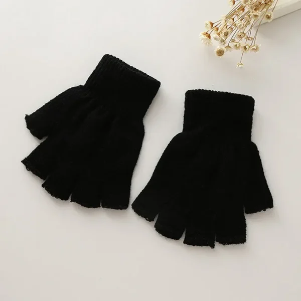 1Pair Unisex Black Half Finger Fingerless Gloves for Women and Men Wool Knit Wrist Cotton Winter Warm Work Mittens - Image 3