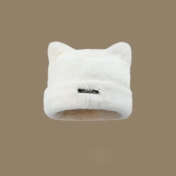 Iron Label Decorative Beanie Hat with Ears Cute Warm Plush Cat Beanie Winter Faux Fur Beanie Elastic Knitted Hat Women Outdoor - Image 6