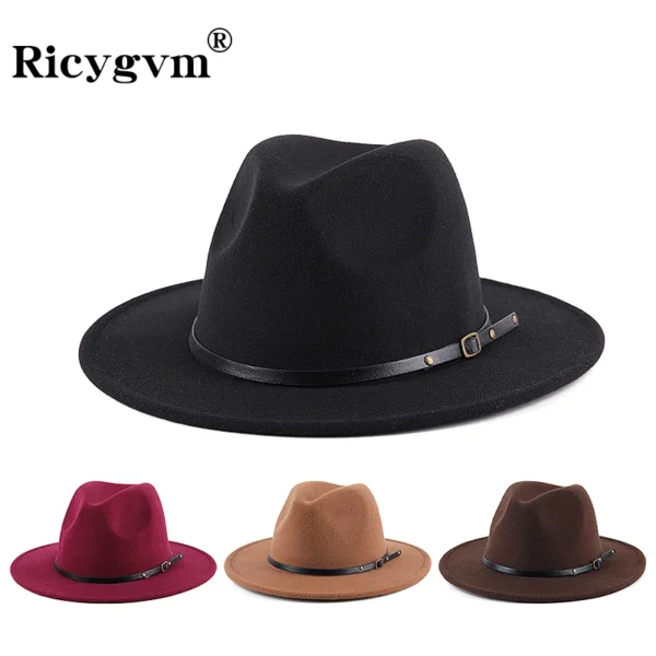 Fedora Hat For Men Women Solid Color Imitation Woolen Jazz Caps Elegant Female British Retro Wide Brim Cap Church Wedding Bowler