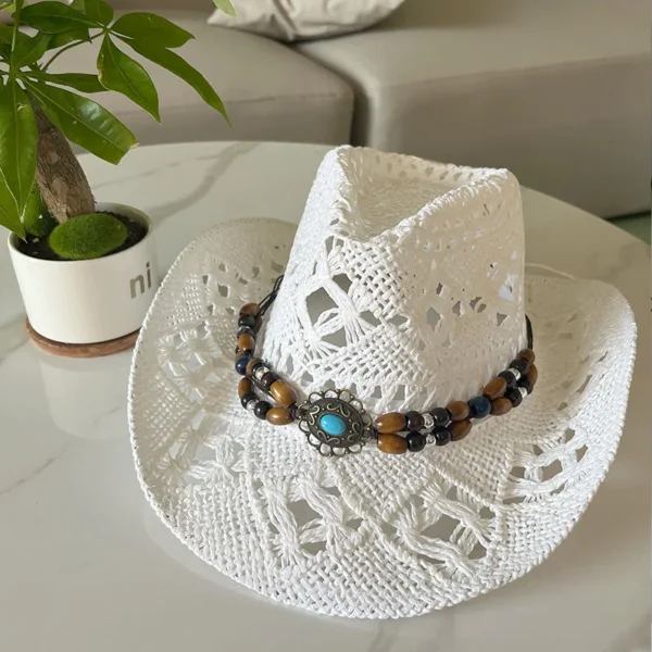 Vintage Summer Beach Bohemian Straw Hat Shell Women Men Western Cowboy Hats Wooden Beads Hollow Out Sun Hat Holiday Cap - Image 6