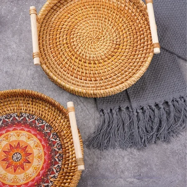 Round Rattan Tray Woven Bread Basket with Handles Small Cracker Tray for Serving Dinner Parties Coffee Table Kitchen Organizer - Image 5