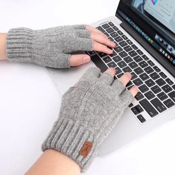 Winter Gloves For Men Half Finger Writting Office Cycling Knitted Gloves Students Alpaca Wool Warm Thick Elastic Driving Gloves - Image 4