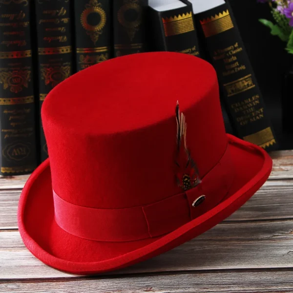 2023 Men Hat 100% Wool Fedora Hat Unisex Top Show Gentleman Bowler Hat Black Red Magic Hat Presidential Hat Feather Accessories - Image 3