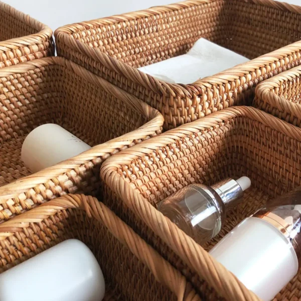 Manual Rectangular Weaving Rattan Wicker Basket Fruit Snacks Tray Bread Hand-knitted Box Portable Picnic Storage Box - Image 2