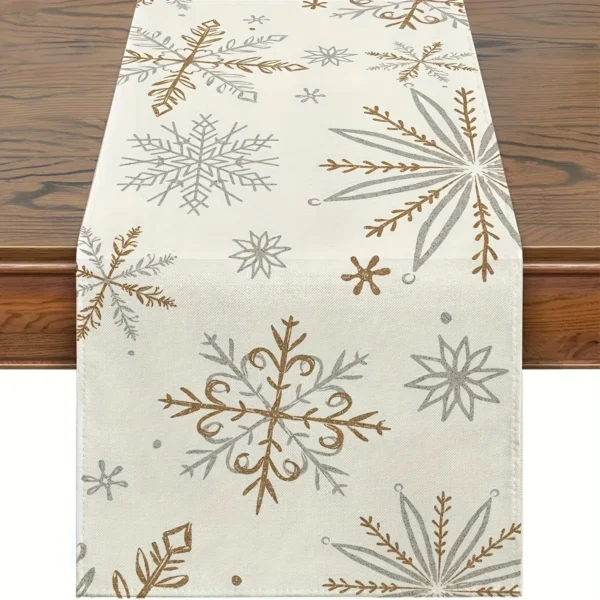 Winter Table Runner, Snowflake Decorations White Gold Winter Runner for Table Seasonal Chriatmas Winter Holiday Decor