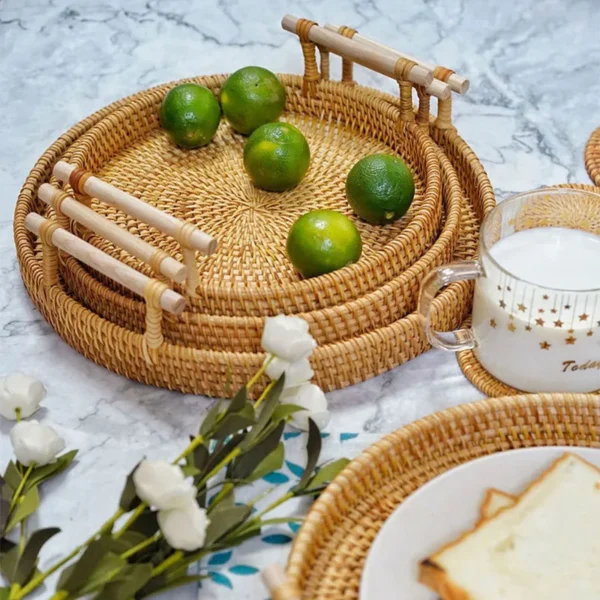 Rattan Tray Round Storage Basket Tray With Wooden Handle Bread Fruit Cake Food Plate Serving Tray for Home kitchen - Image 5