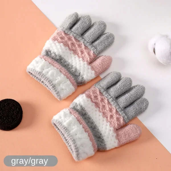 Autumn and Winter Children's Warm Gloves 3-8 Year Old Boys and Girls Thickened Striped Knitted Full Finger Gloves - Image 6