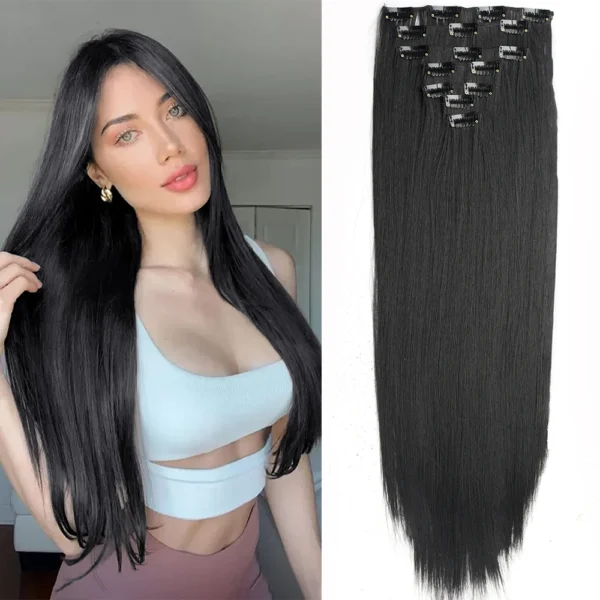 7Pcs/Set 16 Clips Hair Extension Black Long Straight Natural Hair Ombre Hairpiece Heat Resistant Fiber For Women Hairstyle