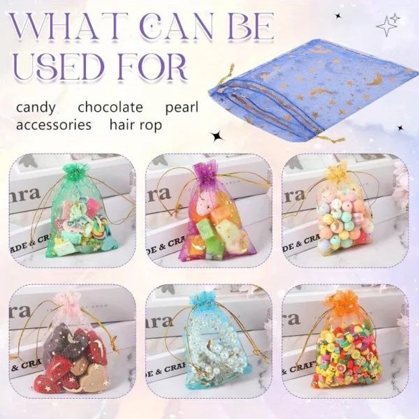 50PCS Moon Stars Drawstring Organza Bags Jewelry Gift Bags Pouches Gold Star Organza Favor Pouches for Christmas Wedding - Image 5