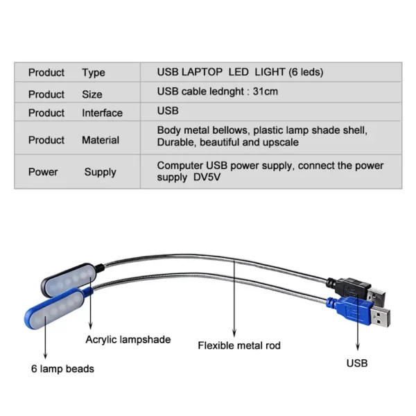 Portable USB LED Mini Book Light Reading Light Table Lamp Flexible 6leds USB Lamp for Power Bank Laptop Notebook PC Computer - Image 3