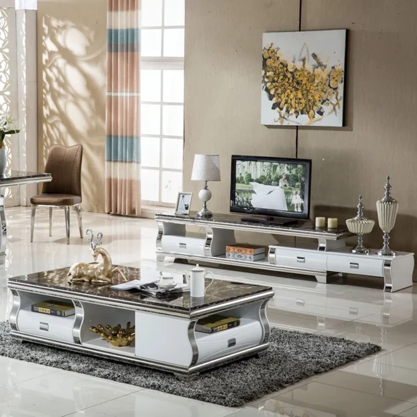 Linlamlim Stylish Living Room Furniture Set with Marble Stainless Steel Foldable TV Stand and Coffee Table TV Table Centro Table