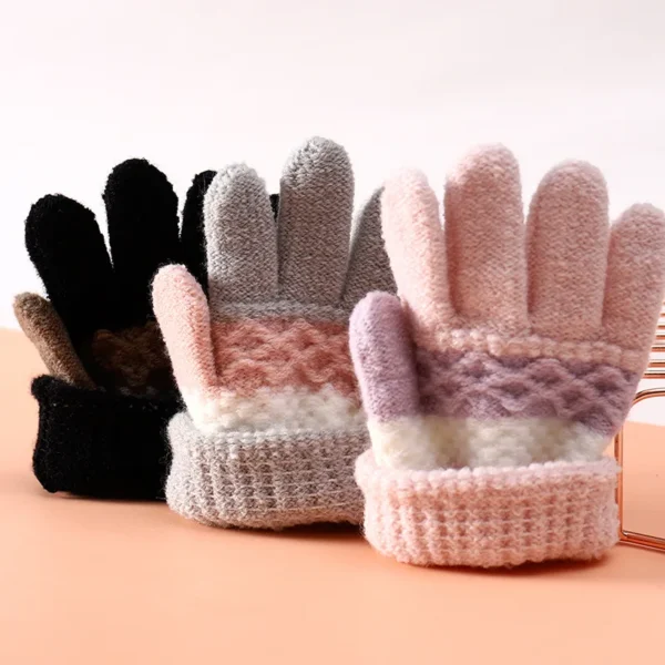 Autumn and Winter Children's Warm Gloves 3-8 Year Old Boys and Girls Thickened Striped Knitted Full Finger Gloves - Image 2