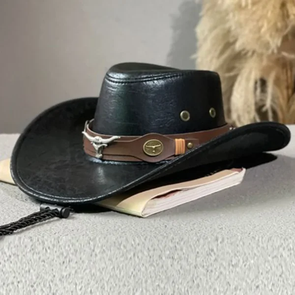 Western Cowboy Hat Ox Head Belt Rivet Fedora Hat for Men Women Outdoor Travel Wide Brim Sun Hat Faux Leather Panama Cowgirl Hat - Image 3