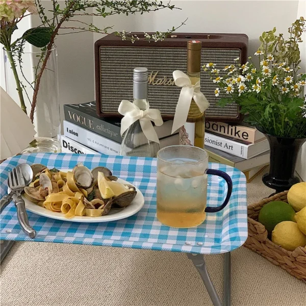 Joylove Homemade Ins With The Same Storage Box Rack French Retro Blue And White Grid Dining Table Square Tray Bed Lazy Table - Image 4