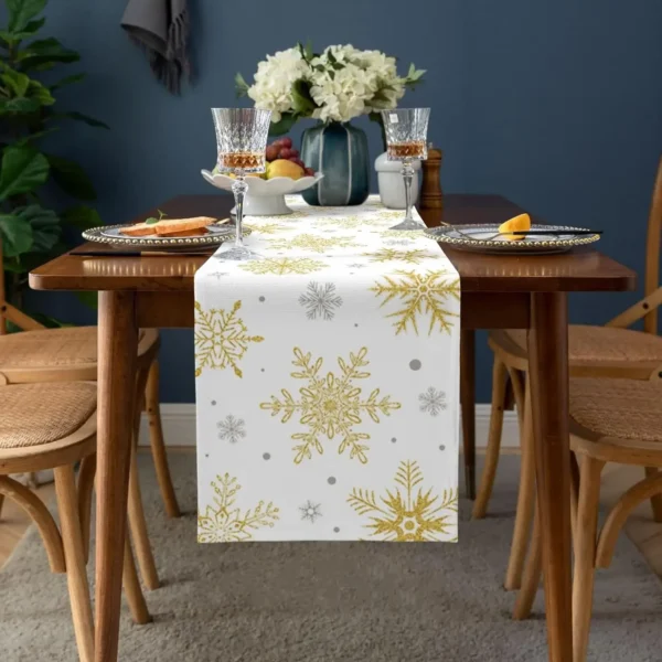 Christmas Gold Grey Snowflake Linen Table Runners Dressers Scarves Table Decor Xmas Dining Table Runners Christmas Decorations - Image 2