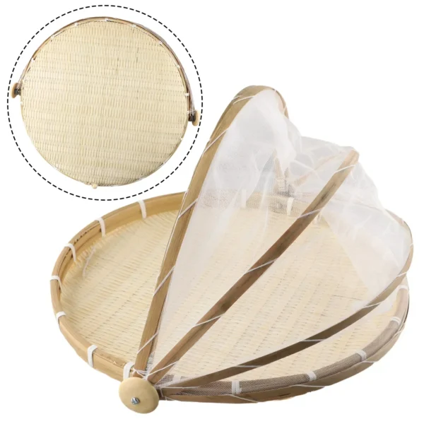 Handmade Bamboo Basket With Net Mesh Cover Kithen Bread Fruit Vegetable Food Container Outdoor Travel Picnic Dust Proof Basket - Image 6