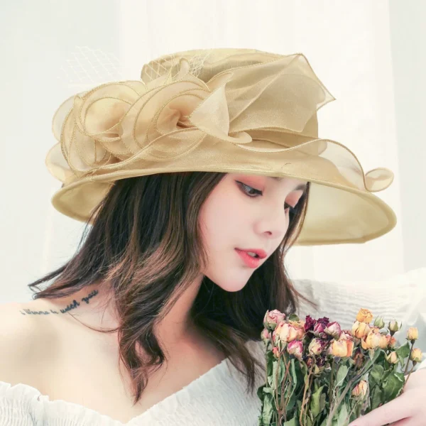 1Pc Elegant Flower Lady Hat Summer Organza Wide Brim Sunscreen Kentucky Derby Hats For Women Church Wedding Beach Sun Cap - Image 6