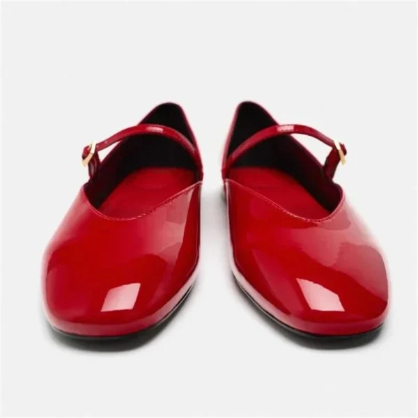 Woman Red Mary Jane Shoes 2024 Summer Chic Faux Patent Leather Flats Womens Fashion Round Toe Buckle Strap Single Shoes - Image 2