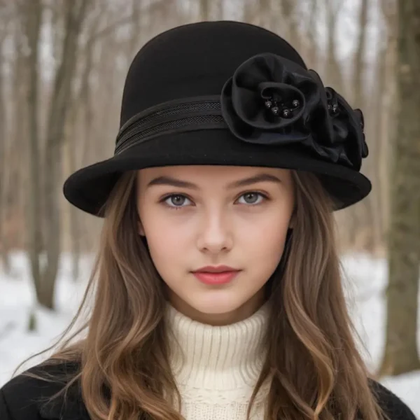 Autumn and winter new woolen top hat, women's British Hepburn style fisherman hat, rose flower elegant and fashionable versatile - Image 4