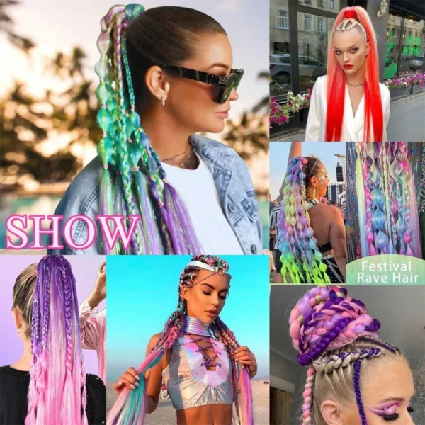 Synthetic Colorful Ponytail Extension 2Pcs Long Straight DIY Braided Pony Tail Hairpiece with Rubber Band Women Hair Accessories - Image 6