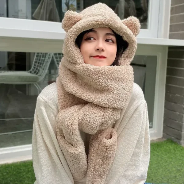 Fashion Winter Women Novelty Beanies Caps Warm Bear Ear Hat Casual Plush Hat Scarf Set Casual Solid Women Caps Present - Image 2