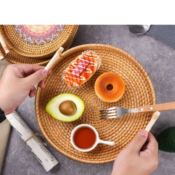 Round Rattan Tray Woven Bread Basket with Handles Small Cracker Tray for Serving Dinner Parties Coffee Table Kitchen Organizer - Image 4