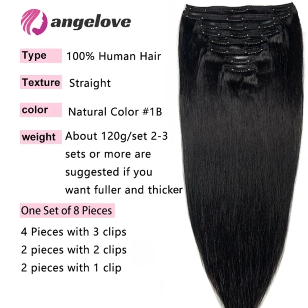 Straight Clip In Hair Extension Human Hair 120g/Set Straight Clip In Extension Full Head Brazilian Clip Hair Extension for Women - Image 2