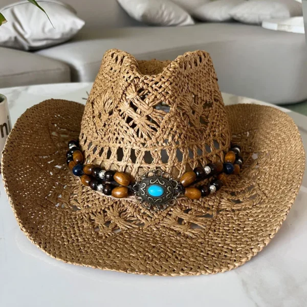 Vintage Summer Beach Bohemian Straw Hat Shell Women Men Western Cowboy Hats Wooden Beads Hollow Out Sun Hat Holiday Cap - Image 2