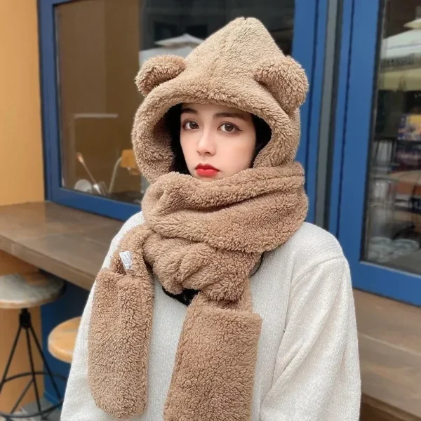 Fashion Winter Women Novelty Beanies Caps Warm Bear Ear Hat Casual Plush Hat Scarf Set Casual Solid Women Caps Present - Image 3