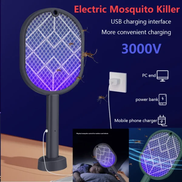 1-2PCS Electric Mosquito Killer Fly Swatter Trap USB Rechargeable Mosquito Racket Insect Killer with UV Light Bug Zapper 3000V