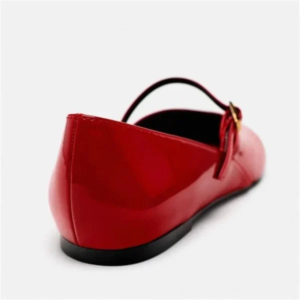 Woman Red Mary Jane Shoes 2024 Summer Chic Faux Patent Leather Flats Womens Fashion Round Toe Buckle Strap Single Shoes - Image 4