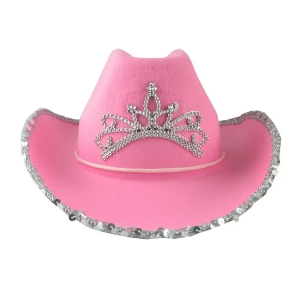 Pink Cowboy Hats for Women Girls Wide Brim Western Hats Y2K Glitter Crown Sequin Feather Caps Cowgirl Party Costume Accessories - Image 6